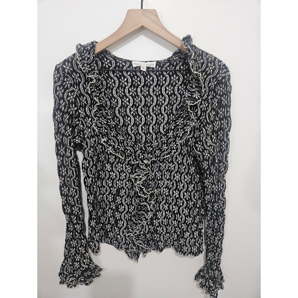 White House Black Market Popcorn Knit Ruffle Top Black White Floral Bell Sleev L